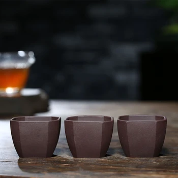 

3 Pieces Handmade Yixing Tea Cups Four Side Kugn Fu Mugs Creative Drinkware