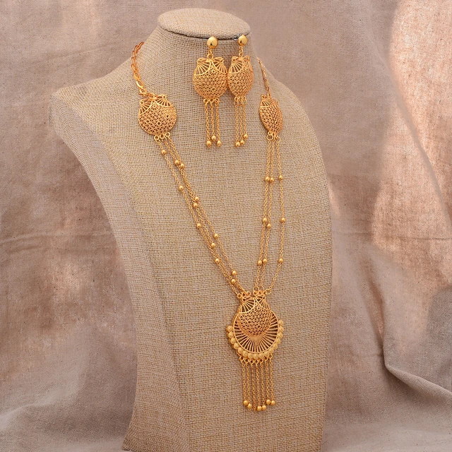 Amazon.com: Indian Gold Plated Jewelry Set for Women African Bridal Gold  Necklace Earrings Set Dubai 24K Nigerian Wedding Jewellery : Clothing,  Shoes & Jewelry