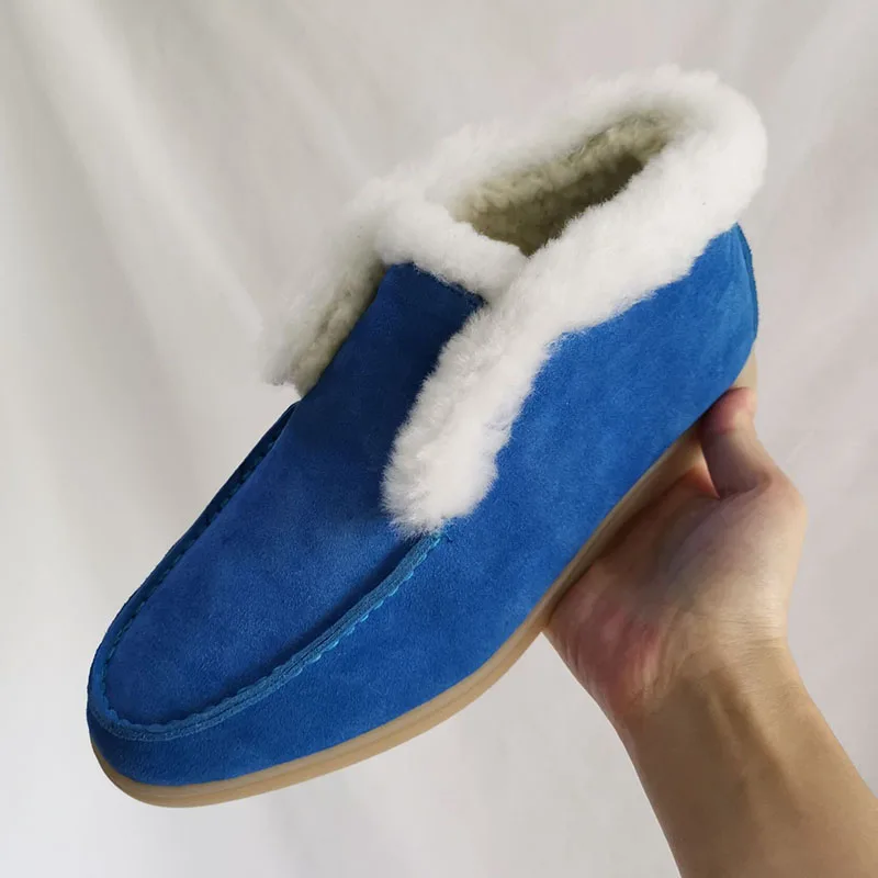 Ceny Zamszowe prawdziwe skórzane botki dla kobiet wysokie góry Slip on płaskie obcasy wełniany śnieg buty zimowe buty botas mujer prawdziwe zdjęcia