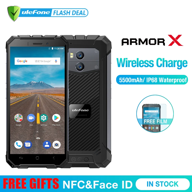 

Ulefone Armor X Waterproof IP68 Smartphone 5.5" HD Quad Core Android 8.1 2GB+16GB 13MP NFC Face ID 5500mAh Wireless Charge Phone