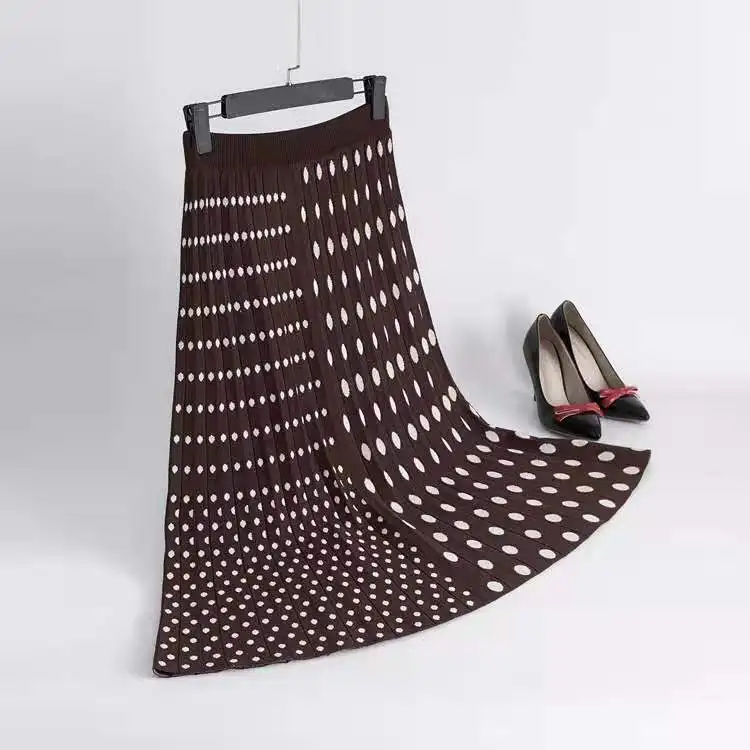 Women's Winter Pleated Skirts Sexy High Waist Skirts Elastic Waist Jupe Femme Falda Mujer Autumn Chic Dots Printed knitted Skirt