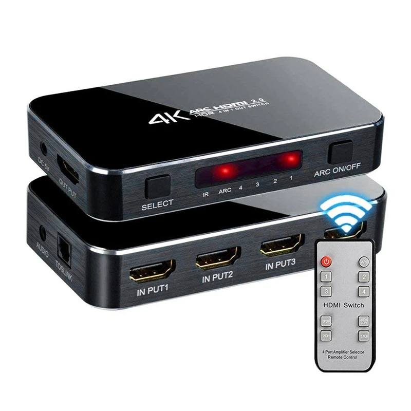 

HDMI Switch 2.0 4K HDR 4 in 1 Out HDMI Switch with Audio Extractor 3.5 Jack Optical Fiber Cable ARC Splitter for HDTV PS4
