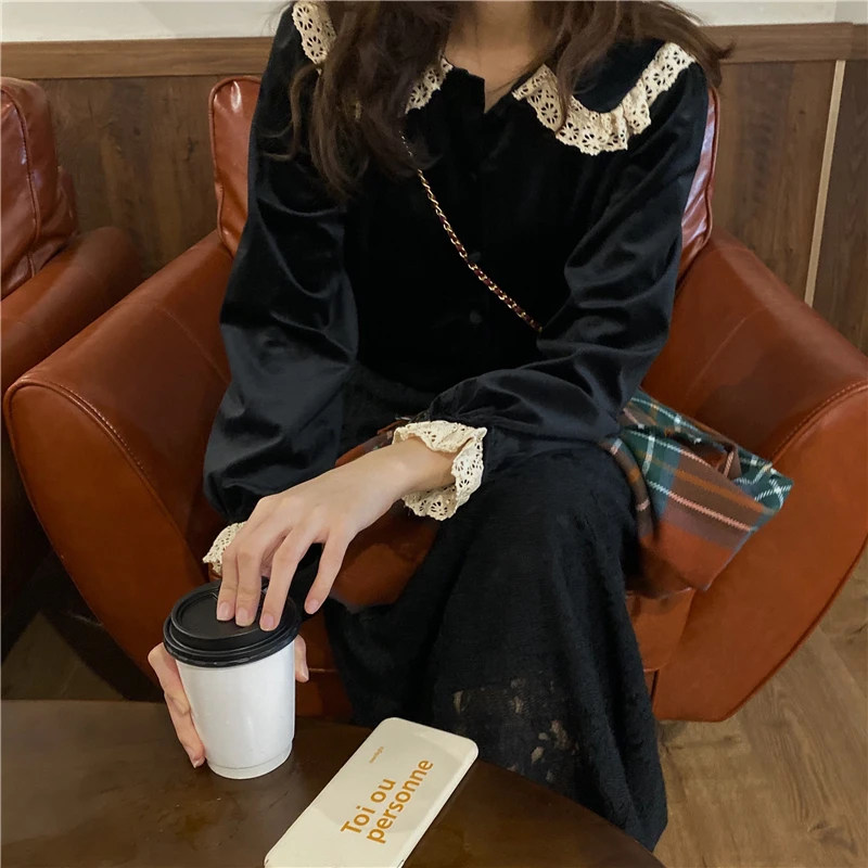 Черный Женские рубашки Ulzzang японские Kawaii Женские винтажные милые кружевные кукольная рубашка с воротником Женская Корейская Harajuku Милая одежда для женщин - Цвет: Черный