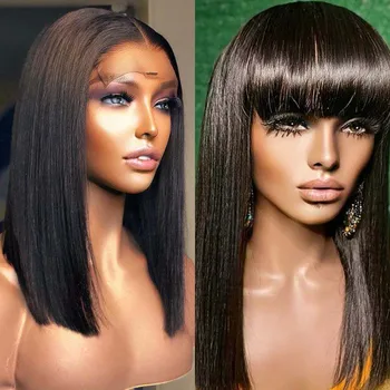 

Peruvian Silky Straight 13x6 Lace Front Human Hair Wigs for Women with Bangs Natural Straight 180Density Bob Remy Human Hair Wig