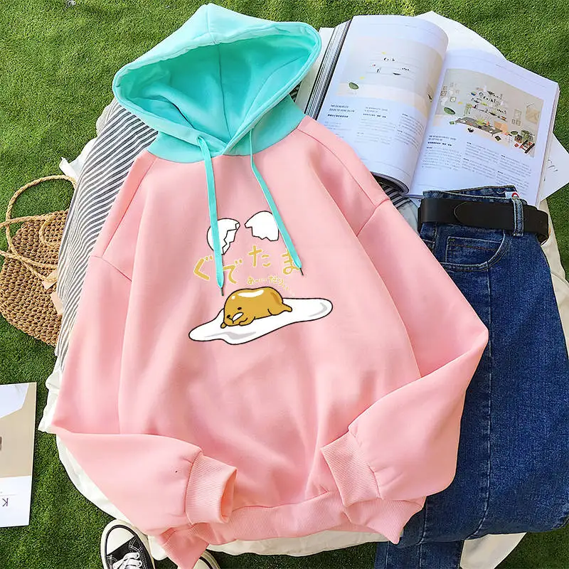 pink Gudetama толстовки женские с длинным рукавом осень зима флис Повседневная Уличная Kawaii Мультфильм ленивый желток свитшот с капюшоном с принтом - Цвет: pink