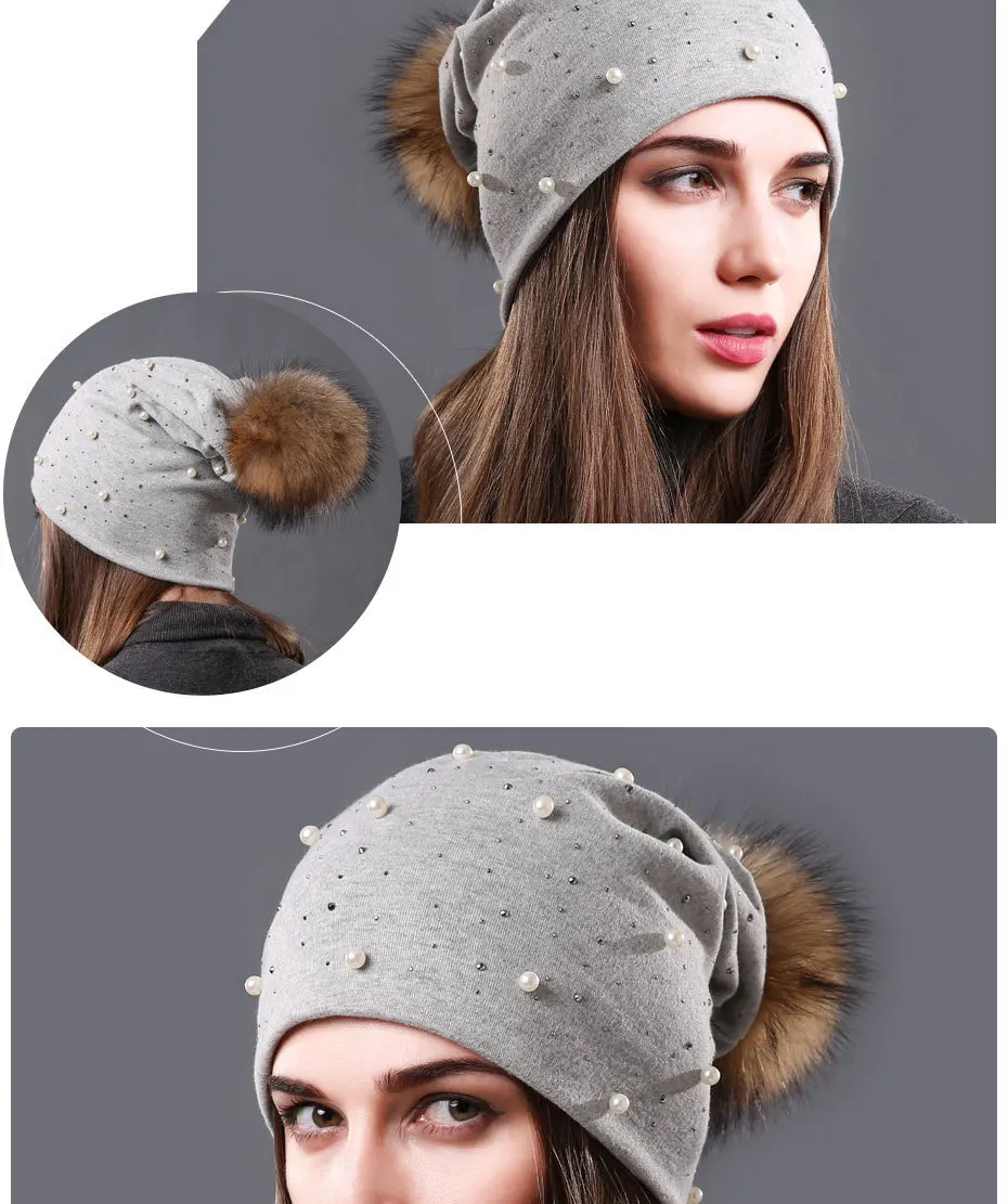 Женские вязаные шапки, украшенные жемчугом, шапочки skullies для девочек, помпоны из натурального меха енота, зимняя теплая шапка с двойной подкладкой