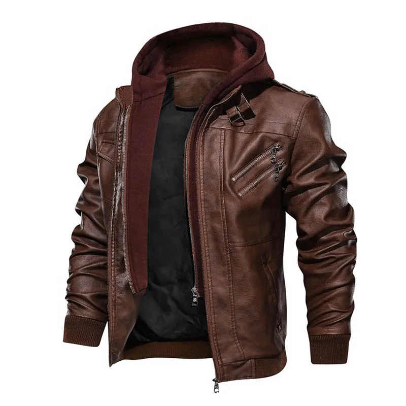 KIOVNO, мужские байкерские кожаные куртки и пальто со съемной шапкой, мотоциклетные кожаные куртки, верхняя одежда для мужчин, размер S-3XL, ветровка