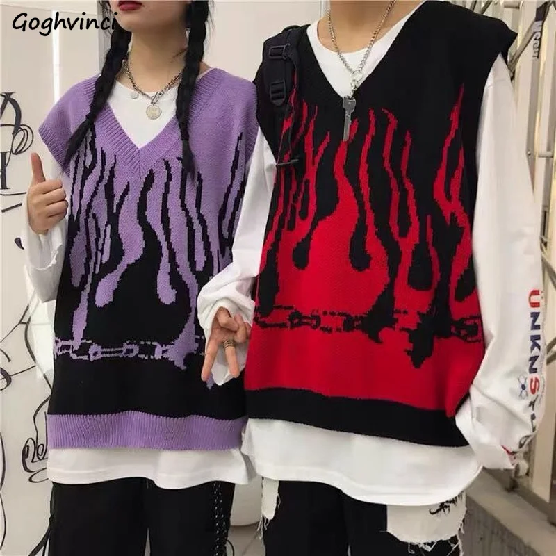 Sweater Vest Women Design Panelled High Street Harajuku V-neck Flame Pattern Knitted Sleeveless Sweaters Hip Hop Ulzzang Unisex |
