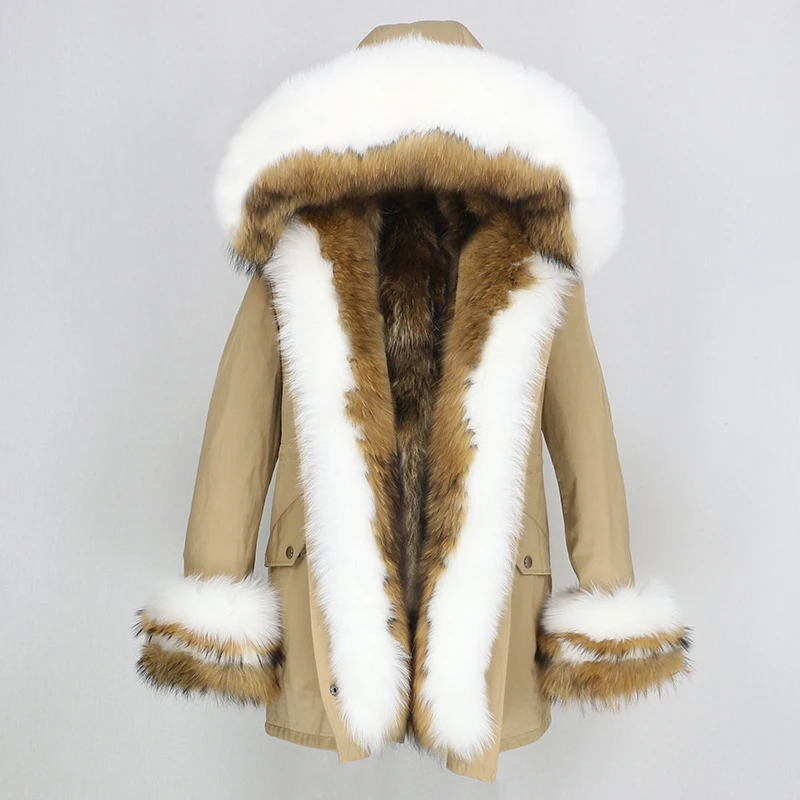 khaki OFTBUY зимняя куртка для женщин, пальто из натурального меха, толстый теплый натуральный Лисий меховой капюшон, воротник теплая парка, верхняя одежда, повседневная Уличная одежда, Корея - Цвет: khaki