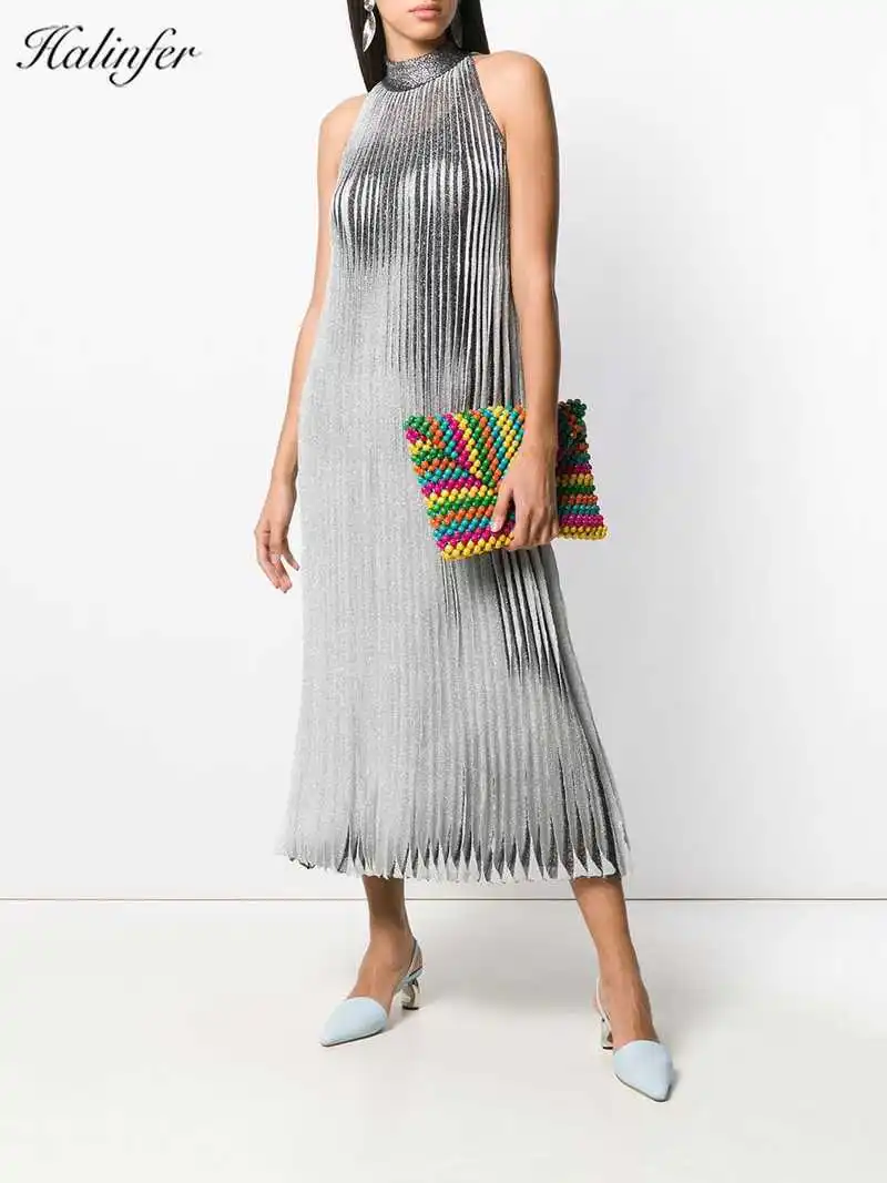 Halinfer2019Elegant Dress High Quality O-neck Pleated Bodycon Maxi Celebrity Wedding Cocktail Party Dress Vestidos Drop Shipping