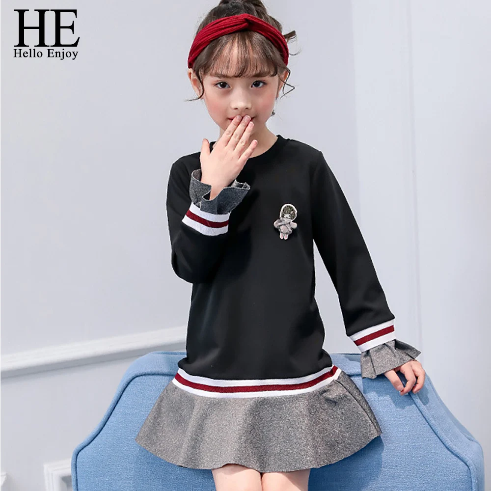 HE Hello Enjoy/повседневное платье в стиле пэчворк для девочек детская одежда для детей 5, 6, 7, 8, 9, 10, 11, 12 лет, осенняя брендовая одежда для детей-подростков