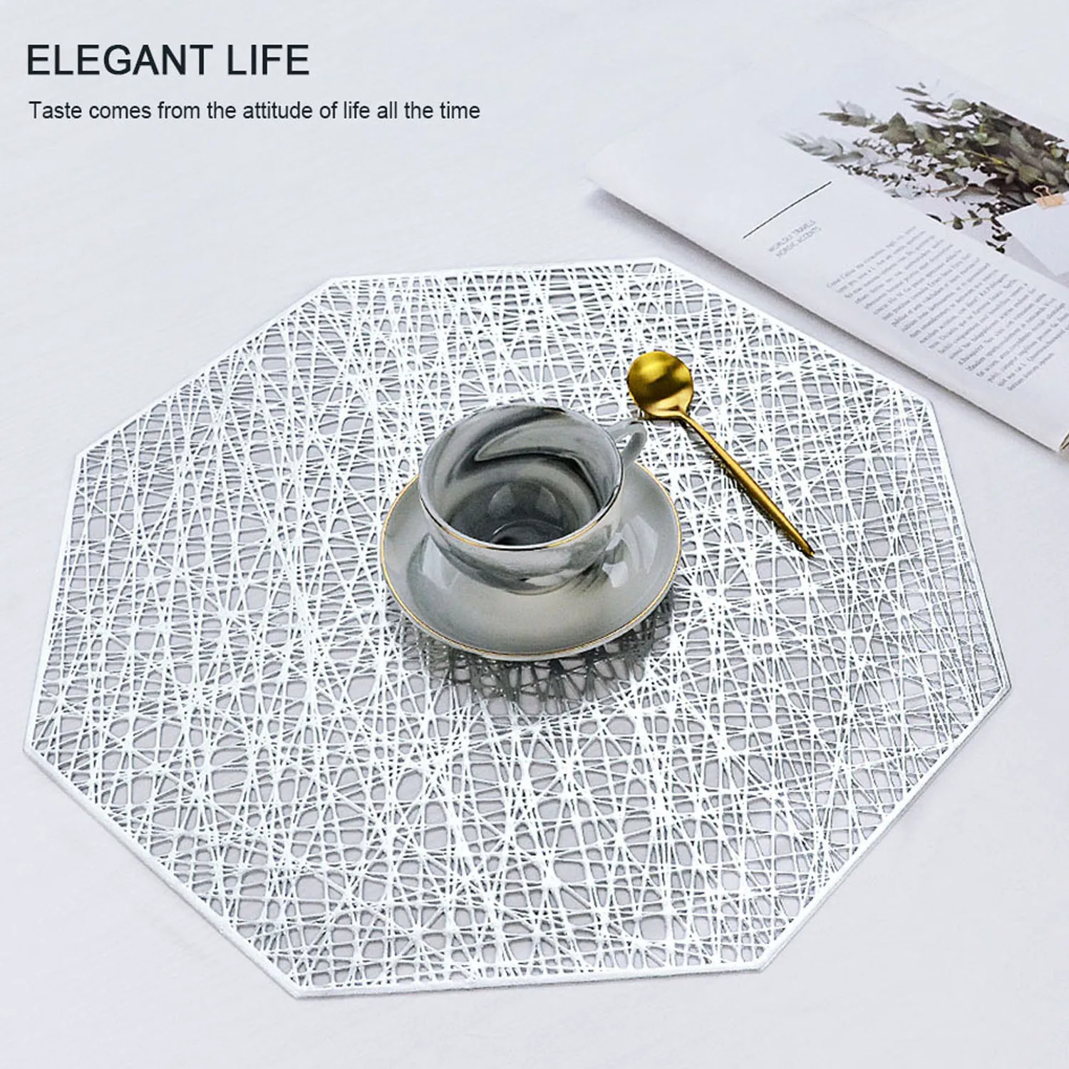  Behogar 2PCS Heat-Resistant Anti-slip PVC Hollow Octagon Table Placemats Bowl Cup Place Mats Coaste