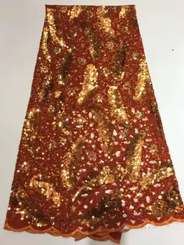 

High Quality orange Nigerian Mesh Lace Fabrics 2019 African French Net Lace Fabric With Velvet Embroidered Lace Dress FFJ-113