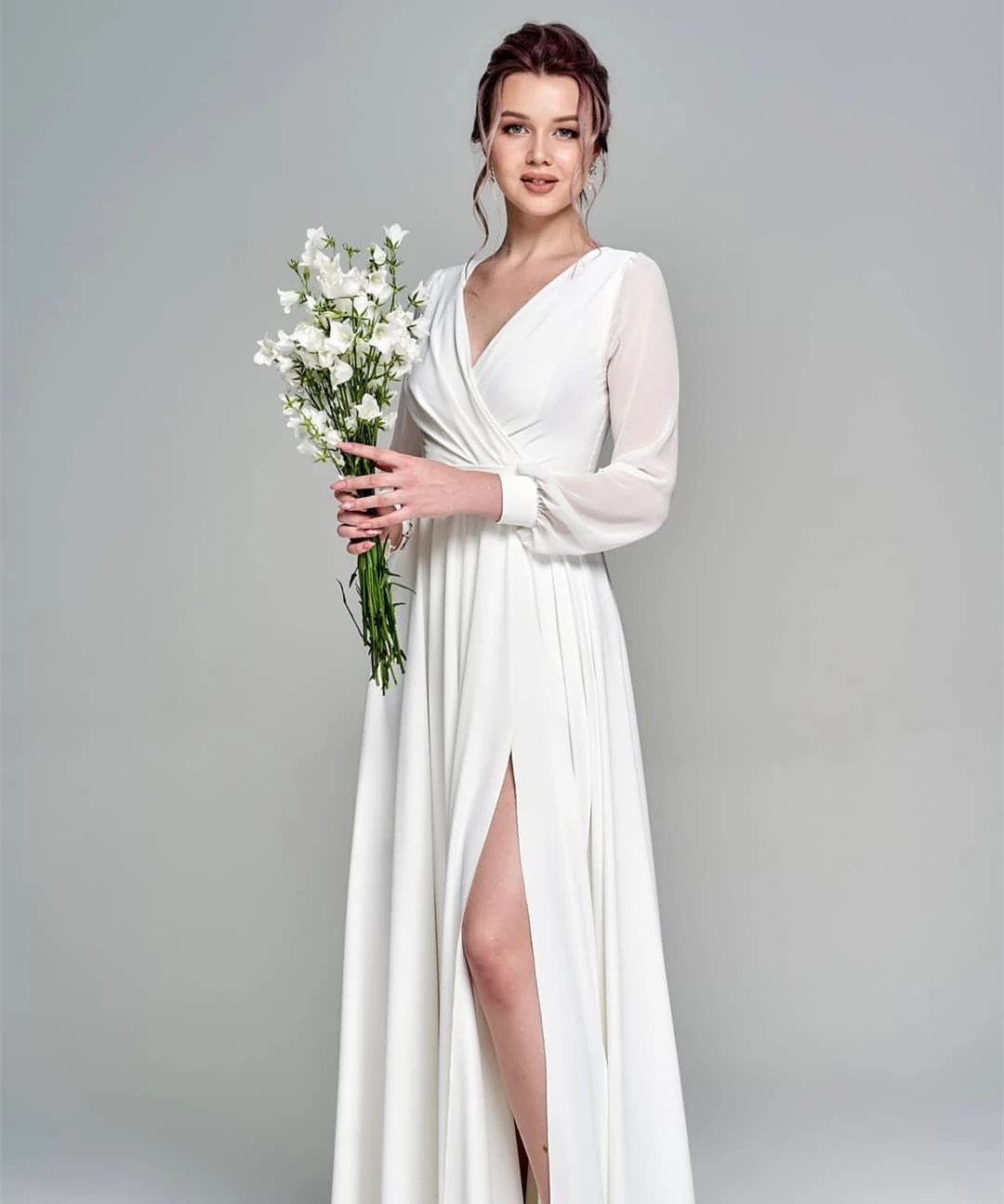 mermaid wedding dress Simple Long Sleeve Chiffon Wedding Dress 2021 Beach V-Neck Side Slit Floor Length Sashes For Bride Robe De Mariee Zipper Cheap lace wedding dress