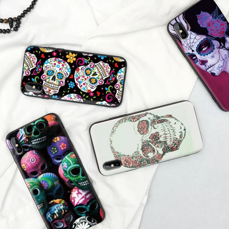 Чехол для телефона для Iphone XS Max XR X 8 7 6 6S Plus 11 Pro 5 s SE, силиконовая задняя крышка из ТПУ с цветочным принтом и сахарным черепом