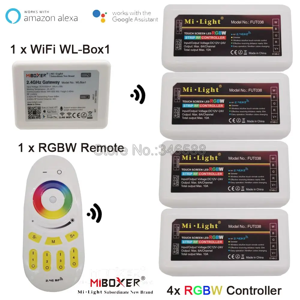 

1x 2.4G RF Wireless 4-Zone Touch Remote + 1x WiFi Hub + 4x DC12-24V 24A Mi-light RGBW Controller Complete Set For RGBW Strips