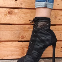 Summer Sandals Ankle-Strap Lace-Up High-Heel Black Surface Peep-Toe Fashion Net Eilyken