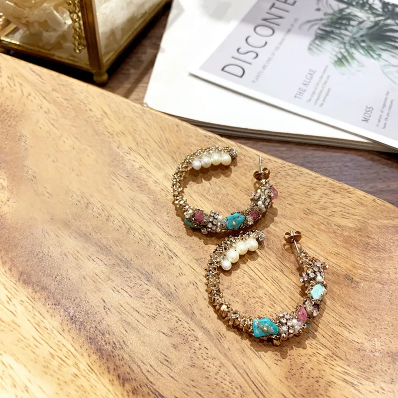 

MENGJIQIAO New Fashion Vintage Stone Elegant Pearl Hoop Earrings For Women Metal Circle C Shaped Pendientes Holiday Jewelry