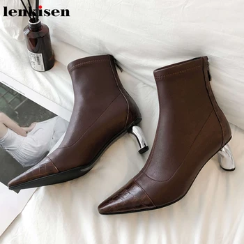 

Lenkisen genuine leather strange style fashion mature high heels pointed toe mixed colors zipper winter women ankle boots L11