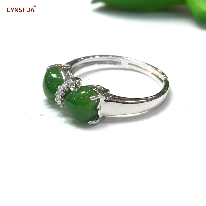 

CYNSFJA Real Certified Natural Hetian Jasper 925 Sterling Silver Handmade Fine Jewelry Green Jade Rings Adjustable Best Gifts