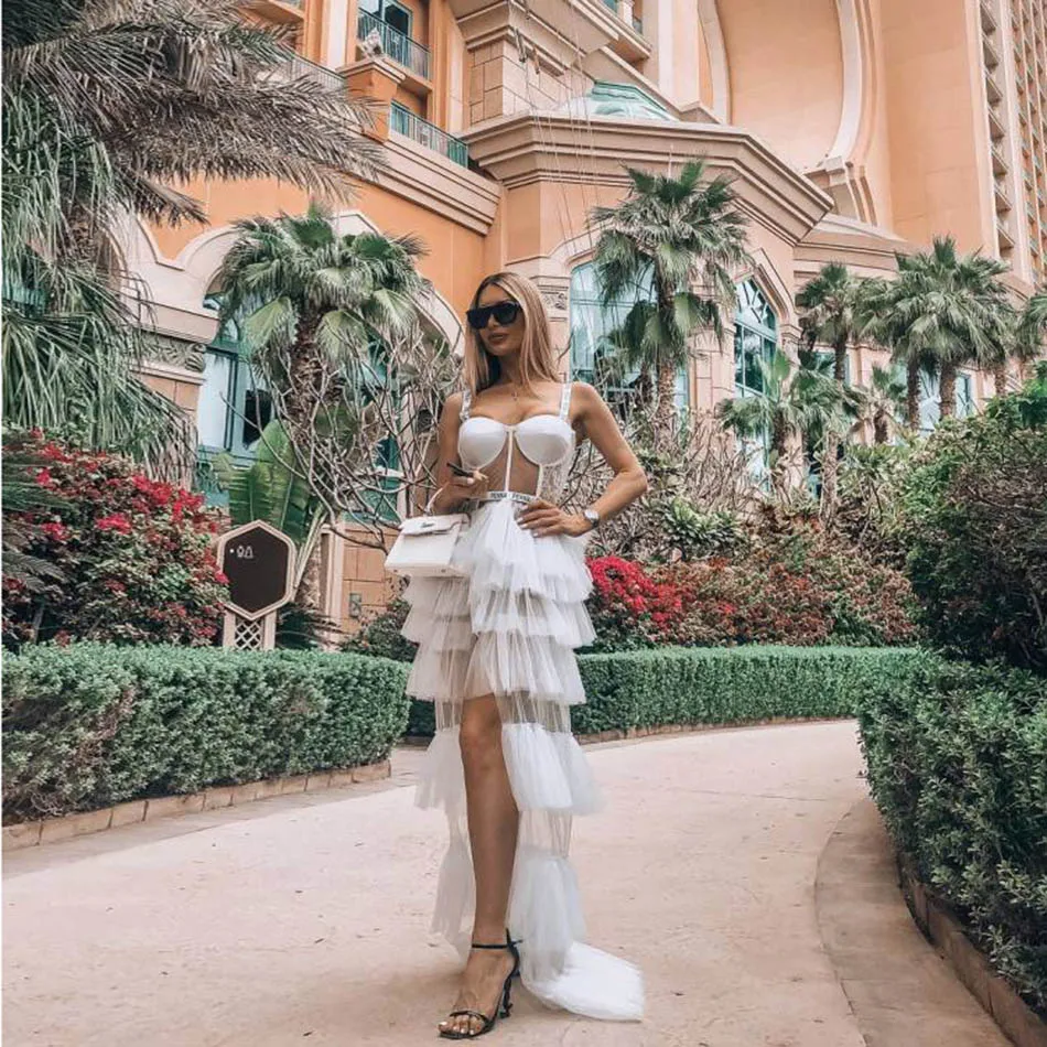 

Cascading Mesh Spaghetti Strap Sleeveless White Black Maxi Dress Women See Through Bar Sexy Party Dresses Robe Femme Vestidos