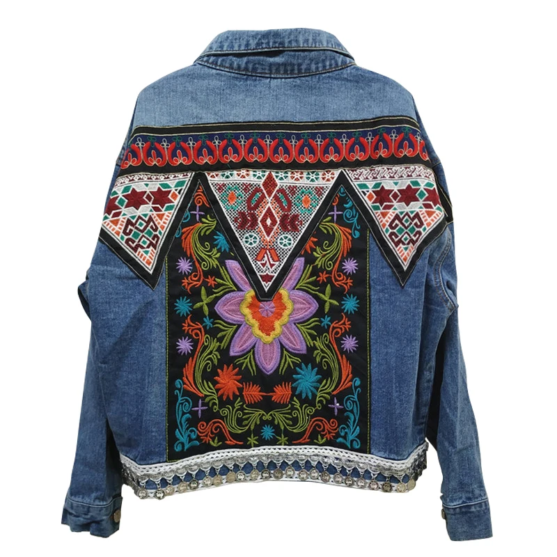 Boho джинсовая куртка для женщин, осенняя Цветочная аппликация, вышивка, винтажное пальто, верхняя одежда с длинным рукавом, Женская куртка, пальто B025