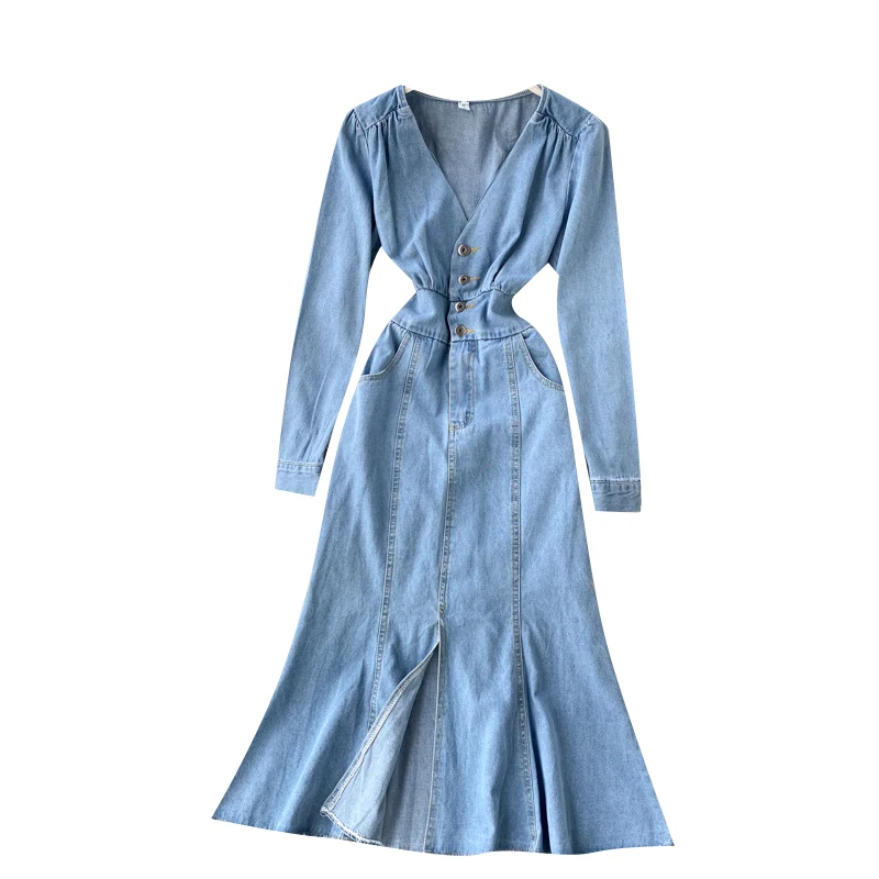 Chic Denim Dress Autumn New V-neck High Waist Buckle Slim Mid-Calf Jean Dress Vintage Slim Fit Ladies Dress J6