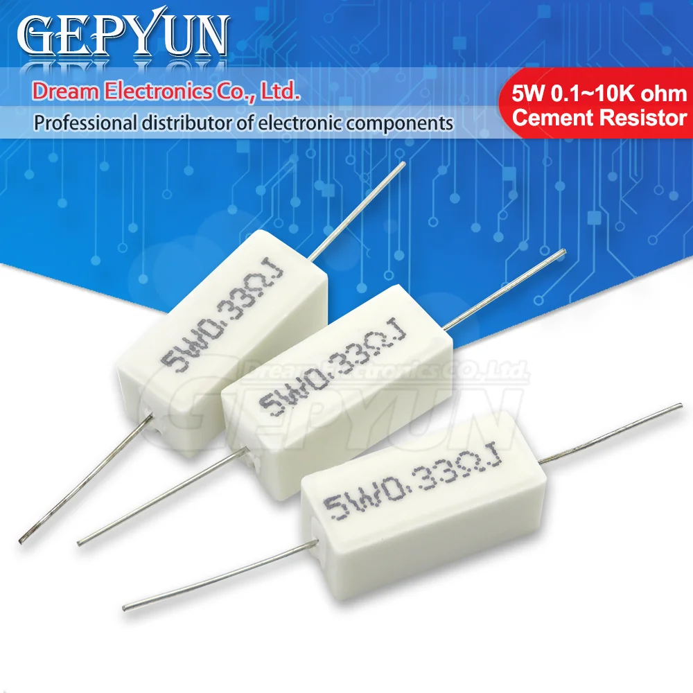10pcs 5W cement resistance 0.1-10K 0.1R 0.5R 1R 10R 100R 0.22 0.33 0.5 1 2 5 8 10 15 20 25 30 100 ohm power resistance Cement Resistor