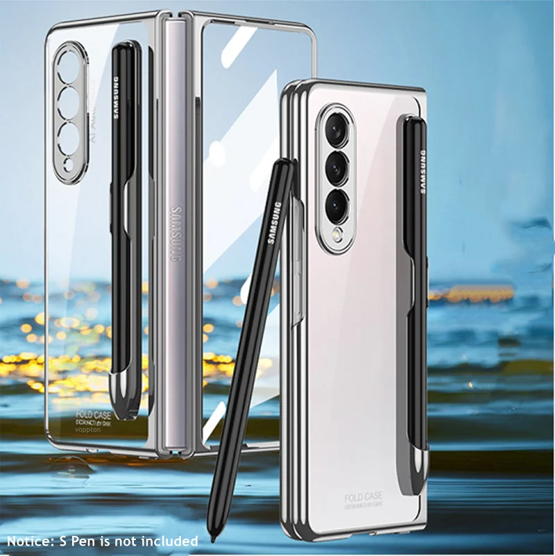 kawaii samsung cases Front Tempered Glass Transparent Case for Samsung galaxy Z Fold 3 5G Cover Plating Frame Hard Clear S Pen Slot Holder Back Case best case for samsung Cases For Samsung