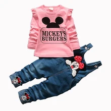 Комплекты одежды для девочек с Минни повседневные хлопковые детские комплекты с подвязками, рубашка с длинными рукавами, джинсы одежда для детей из 2 предметов