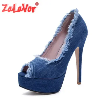 

ZALAVOR Fashion Denim Women Pumps High Heel Shoes For Women Open Toe Sexy Platform Stilettos Party Footwear Size 33-43