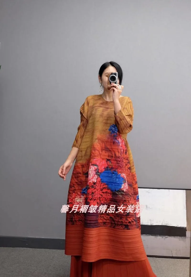 Горячая Miyake fold три четверти печати длинное платье+ Твердые широкие брюки костюм