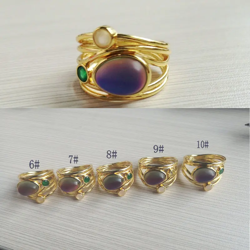Women Unique 24K Gold Labradorite 3 Moonstones Aqua Blue Shell Ring Wedding Jewelry Gifts Size 6 7 8 9 10