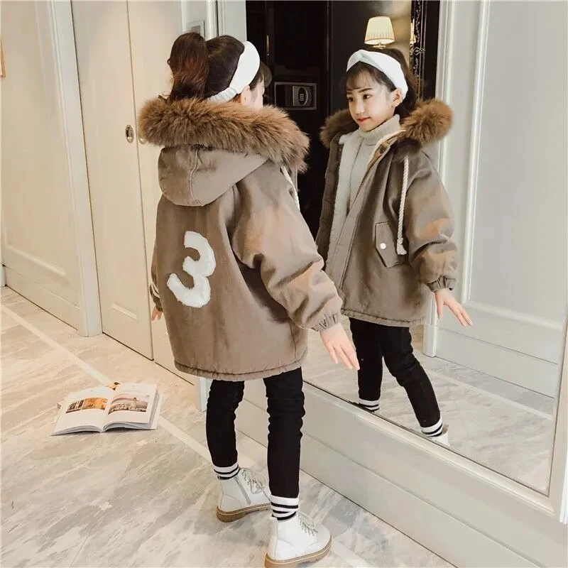 Girls Thicken Coat Hooded Parka Kids Winter Outerwear Fur Collar Hooded Jacket