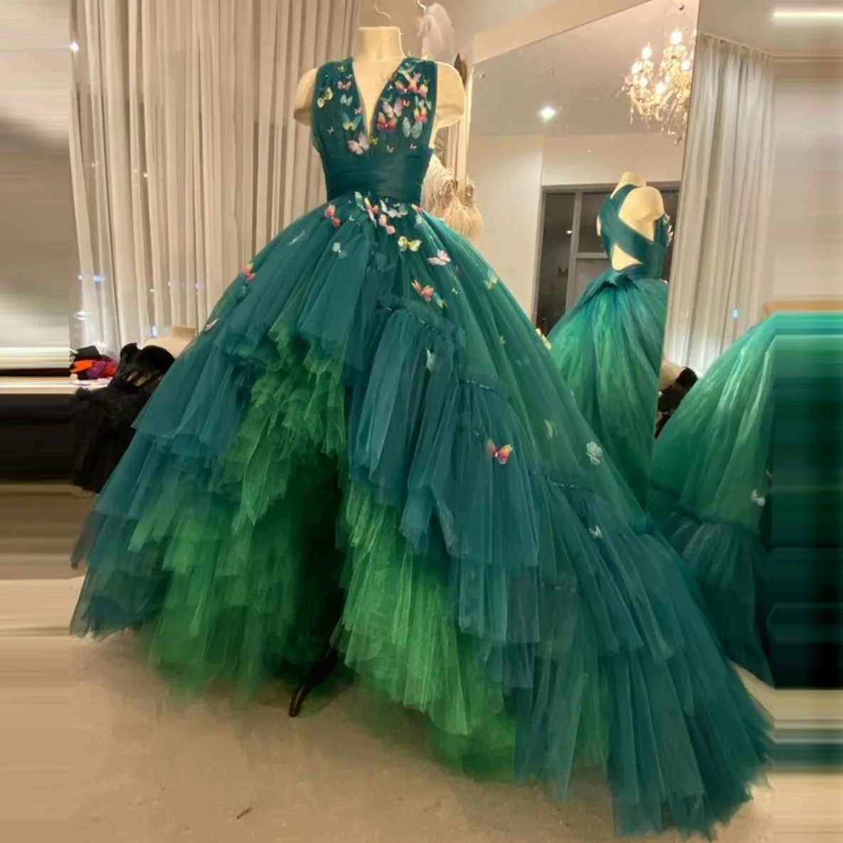 Green Tulle Ball Gown Layered Evening Dress Floor Length High Low Dress With Butterfly Cross Prom Dress Floor Length Dress green evening gown