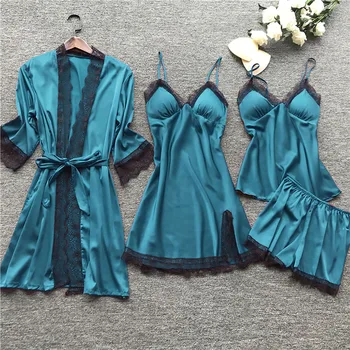 

2020 Women Pajamas Sets Satin Sleepwear Silk 4 Pieces Nightwear Pyjama Spaghetti Strap Lace Sleep Lounge Pijama With Chest Pads