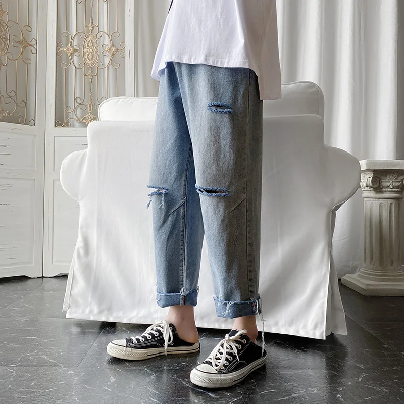 

Ripped Jeans Men's Fashion Washed Casual Retro Loose Straight Jeans Pants Men Streetwear Wild Hip Hop Hole Denim Trousers Mens