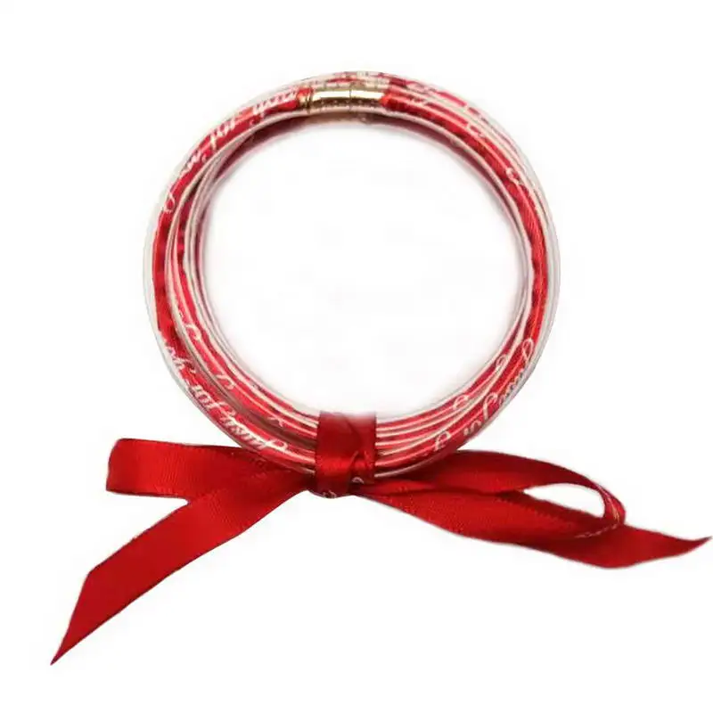 

Full Cotton Print “just for you” Stack Silicon Circle Bracelets Bangles 5 pcs/ Set Bowknot Bangles for Woman Christmas Best Gift