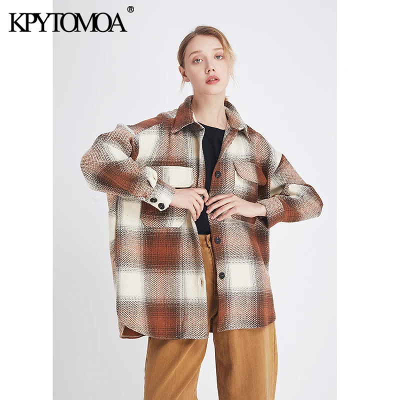 Vintage Stylish Pockets Oversized Plaid Jacket Coat Women 2019 Fashion Lapel Collar Long Sleeve Loo