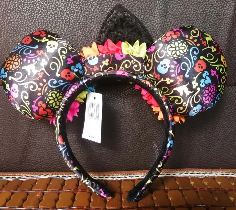 Новые черные цветочные кружева Coco Dia de Los Muertos уши Минни Маус плюшевые повязки на голову