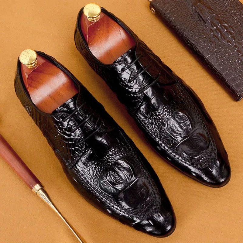 

2019 Men Crocodile Shoes Genuine Leather High Quality Pointed Toe Men's Dress Shoes Business Wedding Office Suits Oxford Shoes