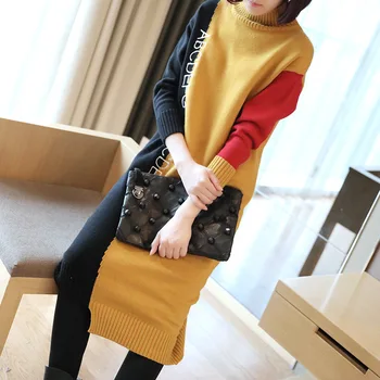 

Fashion Contrast Color Autumn and Winter Women Knitted Sweater Dress Bottoming Casual Long-sleeved Loose Turtleneck Dresses New