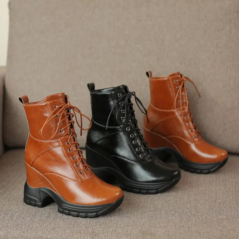 ALLBITEFO high heel leisure genuine leather ankle boots new brand fashion girl boots lace up Autumn Winter women boots
