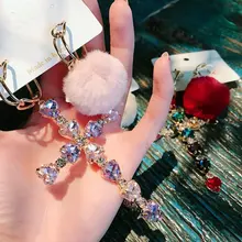 Корейский Модный Красочный сердце кристалл серьги с висящими крестами для женщин меховой шар милые модные серёжки неодинаковой формы
