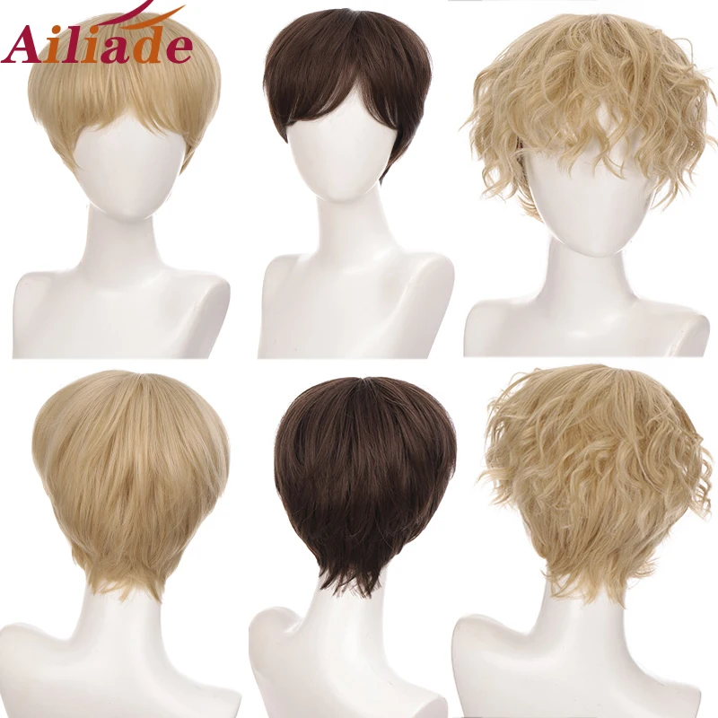 

Ailiade Short Wig Natural Brown Straight For Men Women Male Boy Synthetic Hair With Bangs Cosplay Anime Halloween Daily Wig