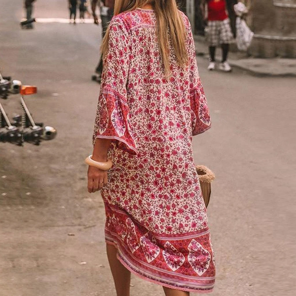 Страусиное модное платье женский кардиган с v-образным вырезом и пуговицами в стиле бохо цветочное Свободное платье для отдыха на пляже для девушек 725