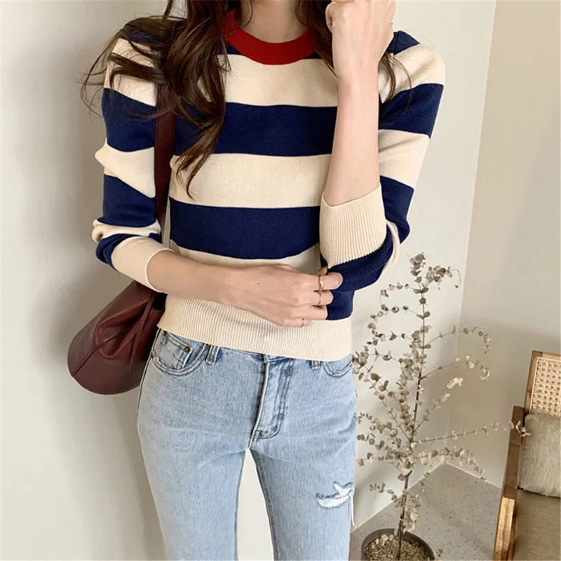 New Black Office Lady Basic Sweater Casual Striped Patchwork Slim Knit Jumper For Women Autumn Winter 2020 Sweater Coat Mujer