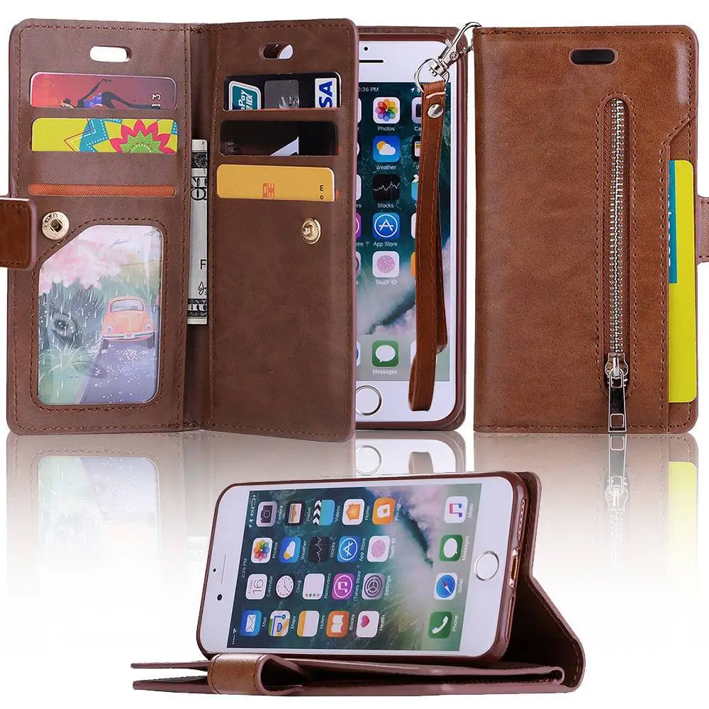 Brown L-FADNUT для iPhone X, Xr, Xs, 11 Pro, Max, 8, 7, 6 S, 6 Plus, 5, 5S, SE, кошелек на молнии, чехол для телефона, флип, подставка, держатель, кожаные чехлы - Цвет: Brown