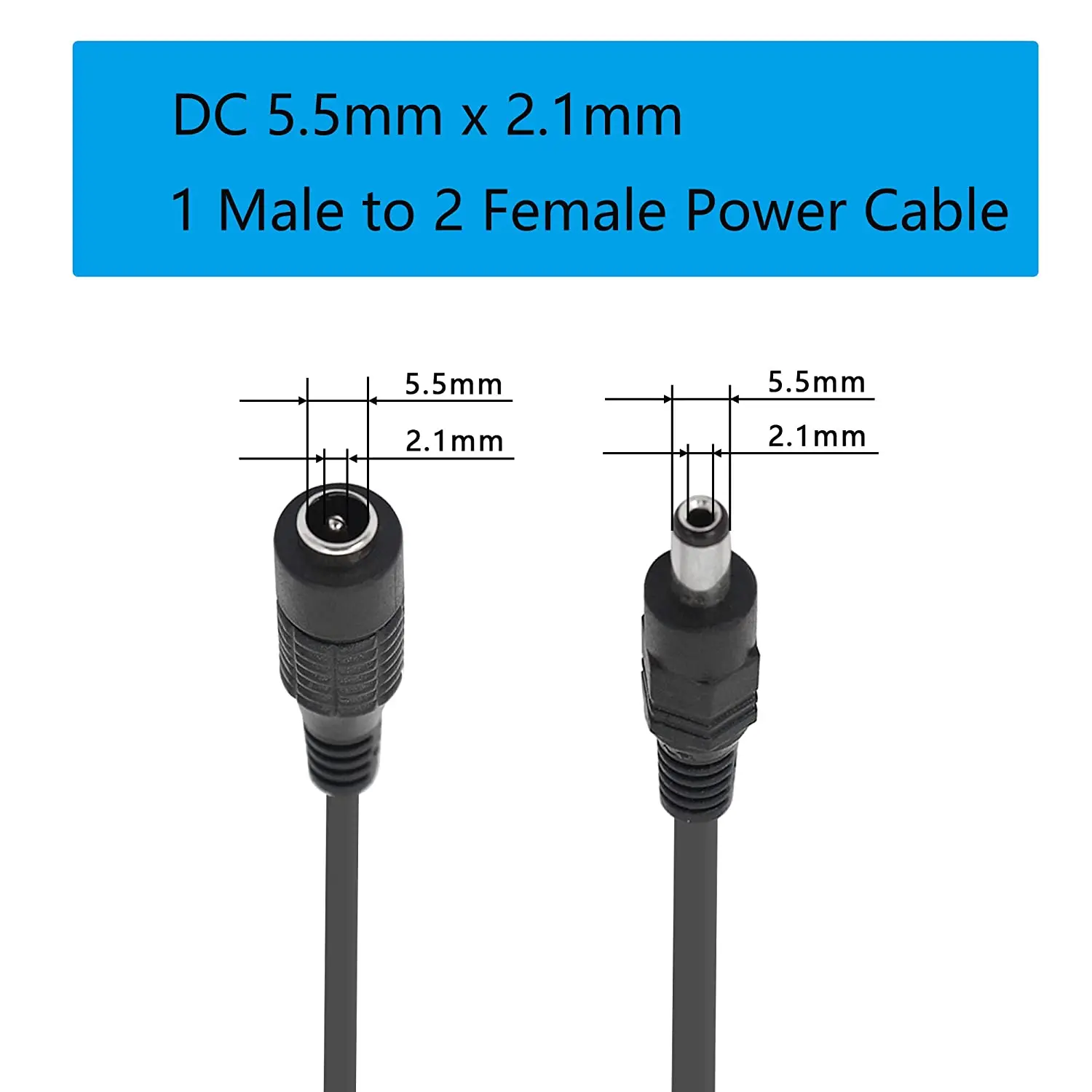 2pack DC Y Splitter Cable 1 Male to 2 Female 5.5mm x 2.1mm DC Power Extension Adapter Cable For CCTV Surveillance Cameras