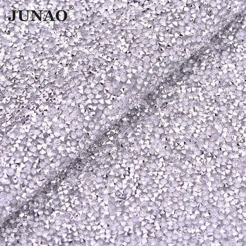 JUNAO 24*40 см самоклеющиеся черные стразы, сетка, отделка, смола, кристалл, ткань, аппликация со стразами, лента для украшения - Цвет: Silver Clear